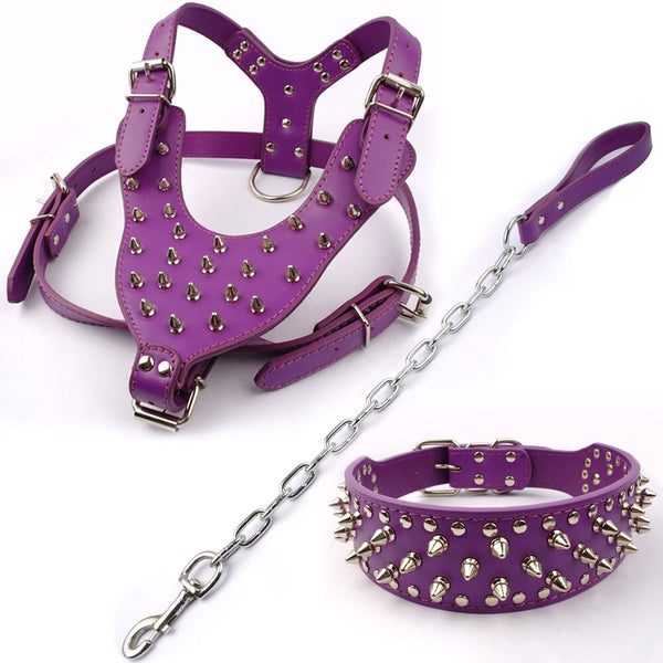 Leather Dog Harness Collar and Chain Leash Set Spiked Vest For Boxer Black Spikes for Medium Large Dogs Pitbull Matiffer