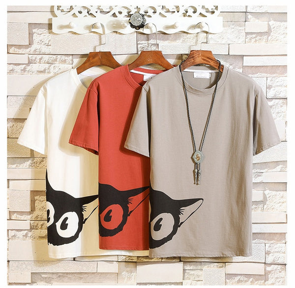 Funny Anime Cat Print O-Neck Fitness Black Tshirt Men White Oversized Hip-hop Cotton Tees Male Summer Streetwear Fashion T shirt | Vimost Shop.