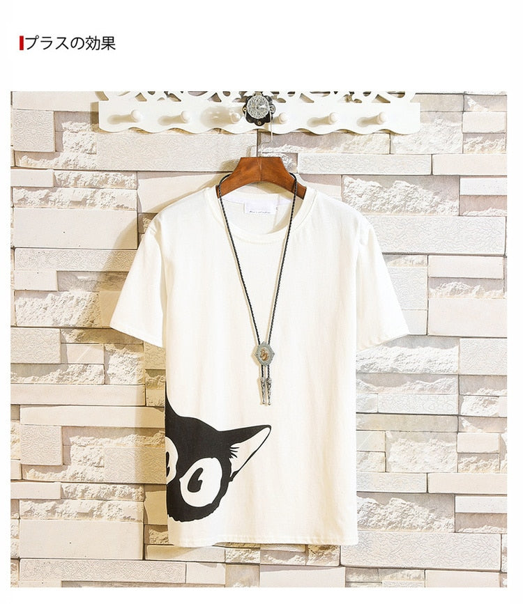 Funny Anime Cat Print O-Neck Fitness Black Tshirt Men White Oversized Hip-hop Cotton Tees Male Summer Streetwear Fashion T shirt | Vimost Shop.