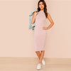 Pink Mock Neck Rib Knit Plain Pencil Dress Women Stand Collar Sleeveless Slim Dress Elegant Going Out Bodycon Dress | Vimost Shop.