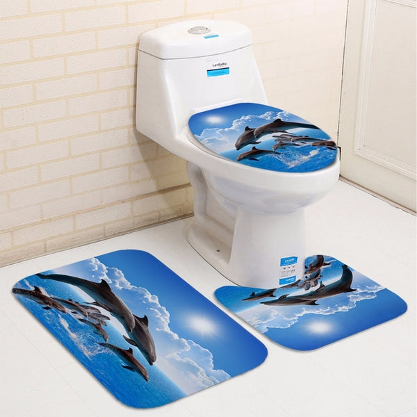 Ocean Design Dolphin 4 In 1 Waterproof Fabric Bathroom 3D Shower Curtain Set with Non Slip Toilet Cover Rugs Mat Home Decoration | Vimost Shop.