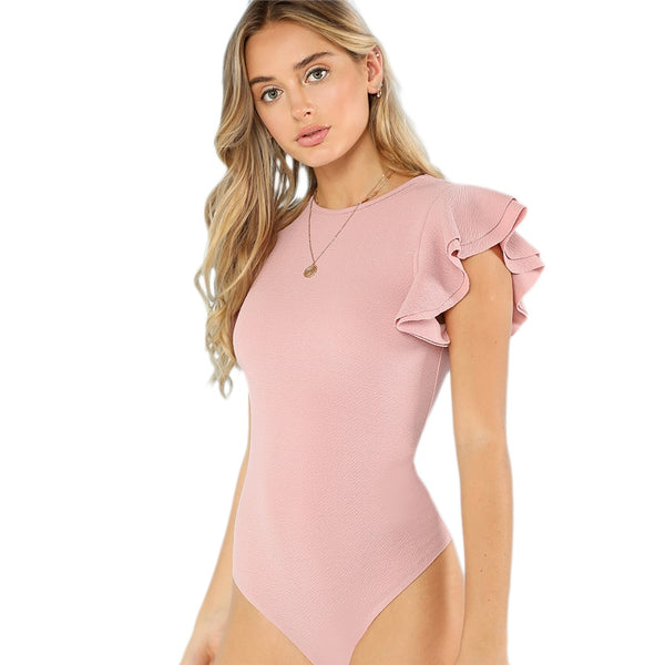 Layered Ruffle Detail Textured Bodysuit Summer Round Neck Ruffle Bodysuit Clothing | Vimost Shop.