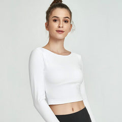 Mesh Patchwork Padded Sport Yoga Long Sleeved Crop Top Women