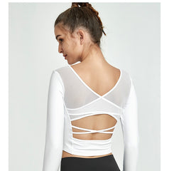 Mesh Patchwork Padded Sport Yoga Long Sleeved Crop Top Women