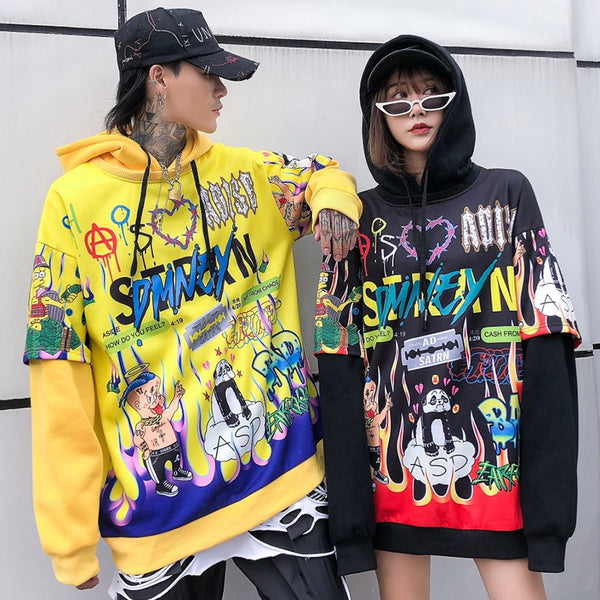 Hoodies Men Hip Hop Letter Print Men Pullover Cartoon Oversize Style Hooded Sweatshirt Lover High Street Streetwear