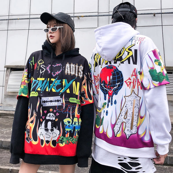Hoodies Men Hip Hop Letter Print Men Pullover Cartoon Oversize Style Hooded Sweatshirt Lover High Street Streetwear