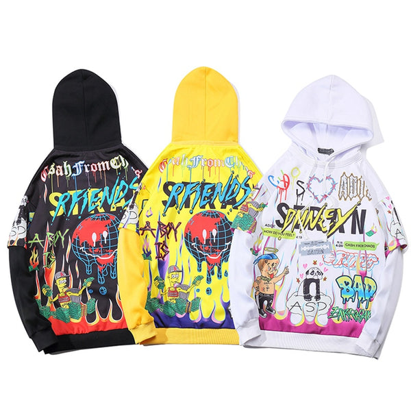 Hoodies Men Hip Hop Letter Print Men Pullover Cartoon Oversize Style Hooded Sweatshirt Lover High Street Streetwear