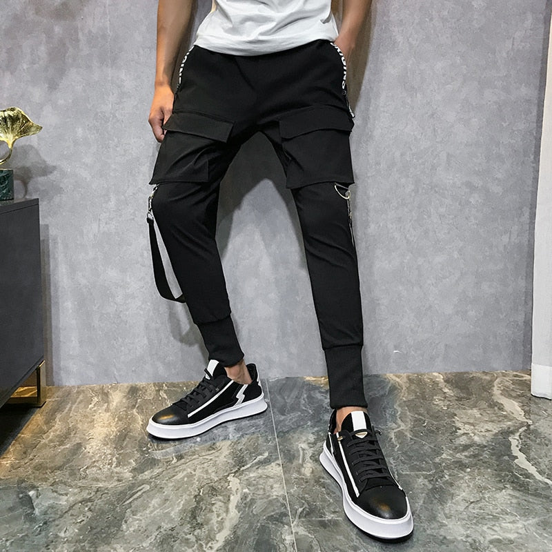 Streetwear Men Ribbons Color Block Black Pocket Cargo Pants Harem Joggers Harajuku Sweatpant Hip Hop Trousers Casual Pants | Vimost Shop.