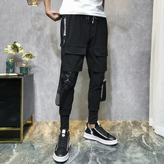 Streetwear Men Ribbons Color Block Black Pocket Cargo Pants  Harem Joggers Harajuku Sweatpant Hip Hop Trousers Casual Pants