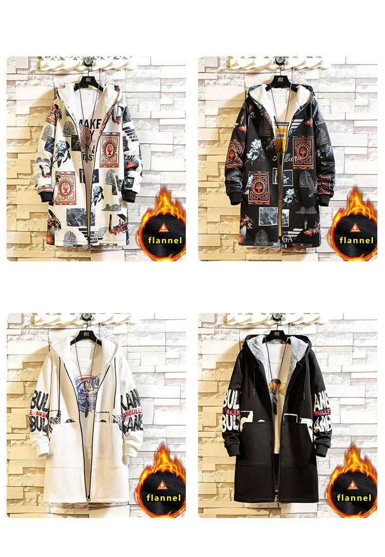 Fleece Jacket Winter Parkas Men 5XL Print Military Japanese Hooded Long Trench Coat Black Hip Hop Streetwear Thick Men's Jackets | Vimost Shop.