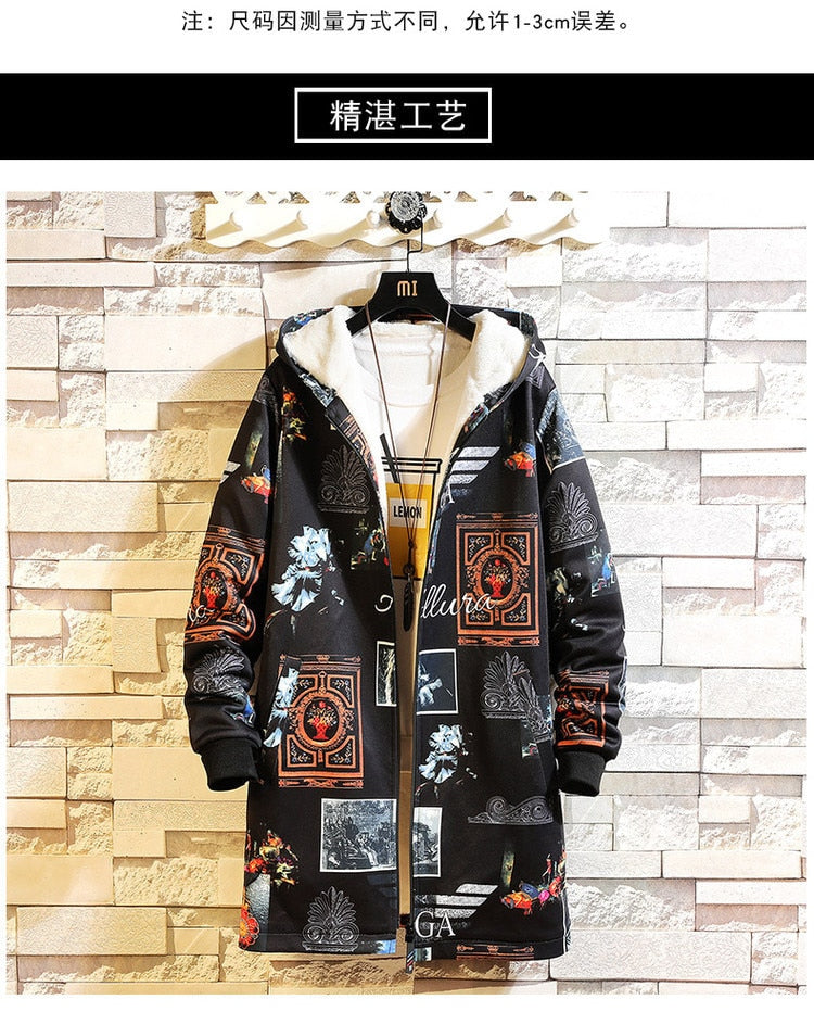 Fleece Jacket Winter Parkas Men 5XL Print Military Japanese Hooded Long Trench Coat Black Hip Hop Streetwear Thick Men's Jackets | Vimost Shop.