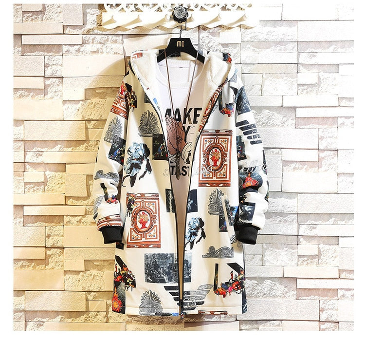 Fleece Jacket Winter Parkas Men 5XL Print Military Japanese Hooded Long Trench Coat Black Hip Hop Streetwear Thick Men's Jackets | Vimost Shop.