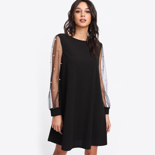 Elegant Womens Dresses Pearl Beading Mesh Sleeve Tunic Dress Autumn Black Boat Neck Long Sleeve A Line Dress | Vimost Shop.