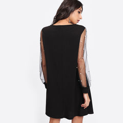 Elegant Womens Dresses Pearl Beading Mesh Sleeve Tunic Dress Autumn Black Boat Neck Long Sleeve A Line Dress