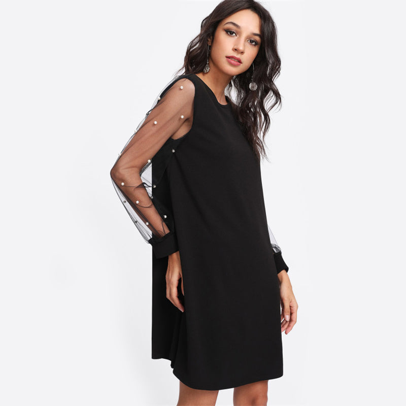 Elegant Womens Dresses Pearl Beading Mesh Sleeve Tunic Dress Autumn Black Boat Neck Long Sleeve A Line Dress | Vimost Shop.