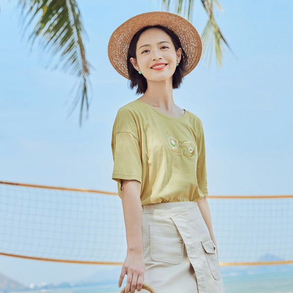 Loose Literary All-match Pure Cotton Printed Short Sleeve T-shirt | Vimost Shop.