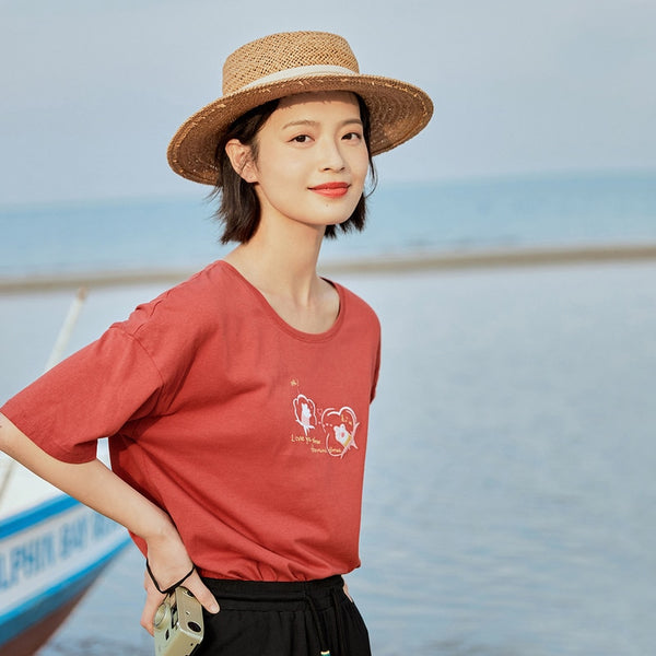 Loose Literary All-match Pure Cotton Printed Short Sleeve T-shirt | Vimost Shop.