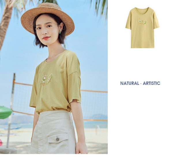 Loose Literary All-match Pure Cotton Printed Short Sleeve T-shirt | Vimost Shop.