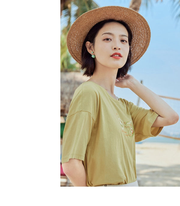 Loose Literary All-match Pure Cotton Printed Short Sleeve T-shirt | Vimost Shop.