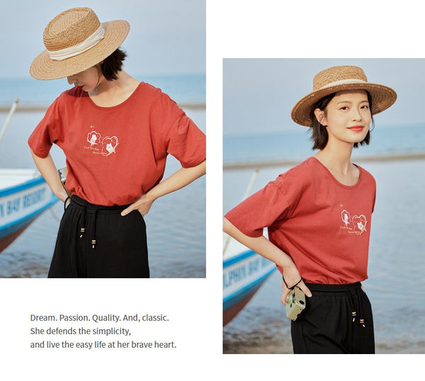 Loose Literary All-match Pure Cotton Printed Short Sleeve T-shirt | Vimost Shop.