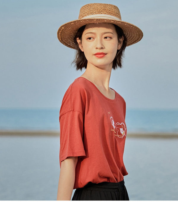 Loose Literary All-match Pure Cotton Printed Short Sleeve T-shirt | Vimost Shop.