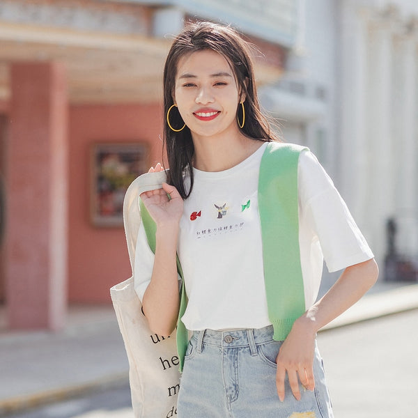 Pure Cotton Cute Chinese Printed All-match T-shirt | Vimost Shop.