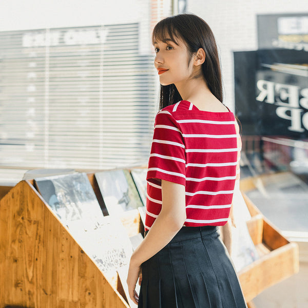 French Style Square-cut Collar Stripe Slimmed Retro Short Sleeve T-shirt | Vimost Shop.