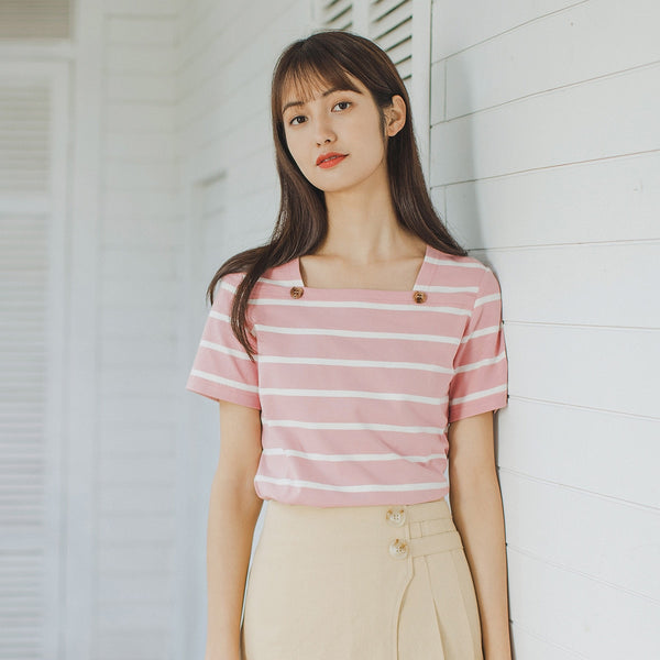 French Style Square-cut Collar Stripe Slimmed Retro Short Sleeve T-shirt | Vimost Shop.