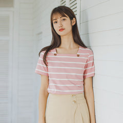 French Style Square-cut Collar Stripe Slimmed Retro Short Sleeve T-shirt