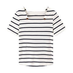 French Style Square-cut Collar Stripe Slimmed Retro Short Sleeve T-shirt