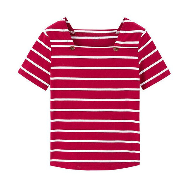 French Style Square-cut Collar Stripe Slimmed Retro Short Sleeve T-shirt | Vimost Shop.