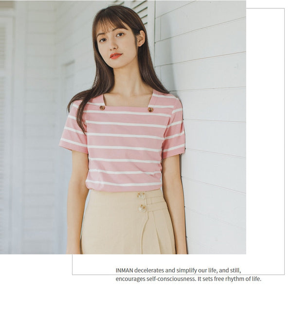 French Style Square-cut Collar Stripe Slimmed Retro Short Sleeve T-shirt | Vimost Shop.