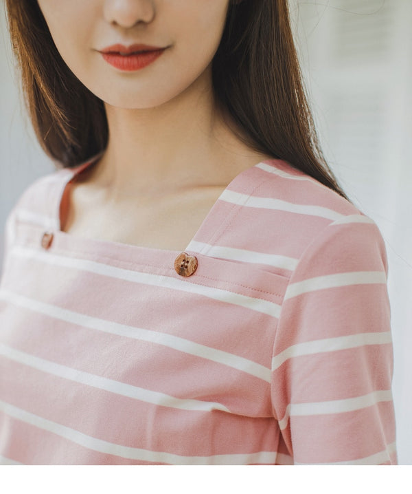 French Style Square-cut Collar Stripe Slimmed Retro Short Sleeve T-shirt | Vimost Shop.