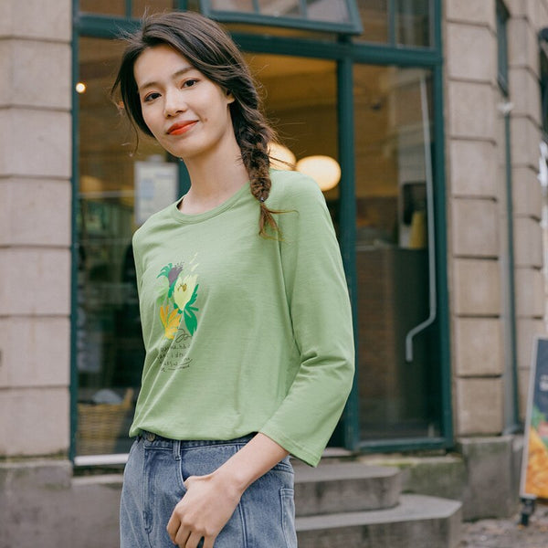 Spring New Arriavl Literary Flower Printed Loose All-match Base T-shirt | Vimost Shop.