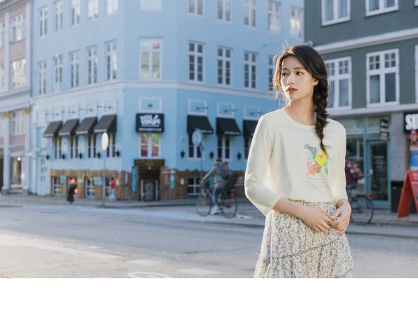 Spring New Arriavl Literary Flower Printed Loose All-match Base T-shirt | Vimost Shop.