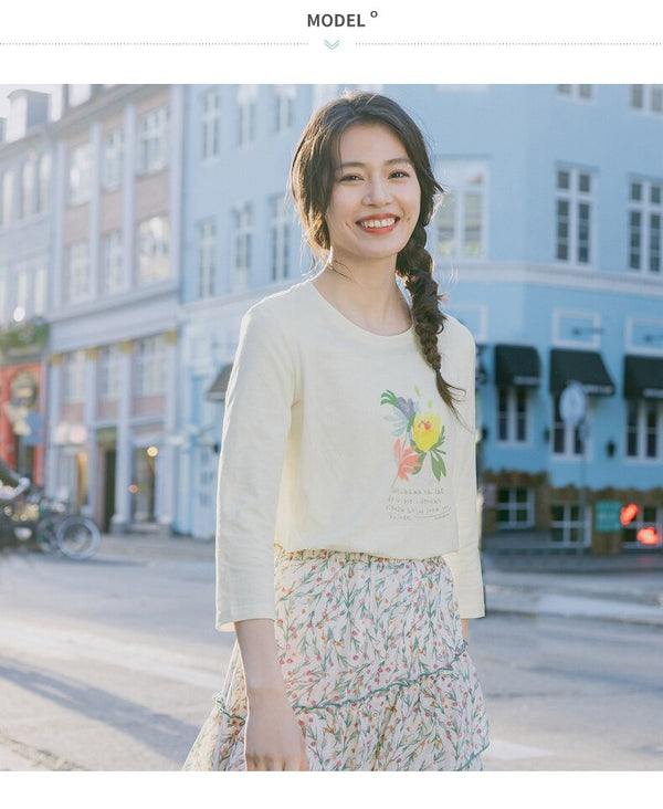 Spring New Arriavl Literary Flower Printed Loose All-match Base T-shirt | Vimost Shop.