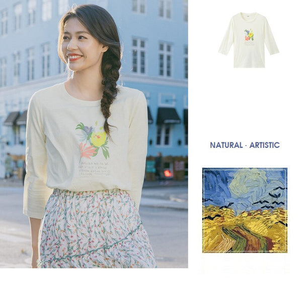 Spring New Arriavl Literary Flower Printed Loose All-match Base T-shirt | Vimost Shop.