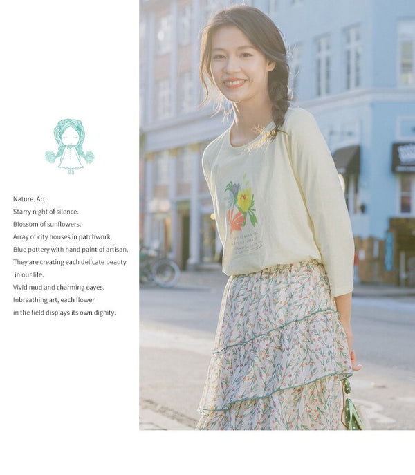 Spring New Arriavl Literary Flower Printed Loose All-match Base T-shirt | Vimost Shop.