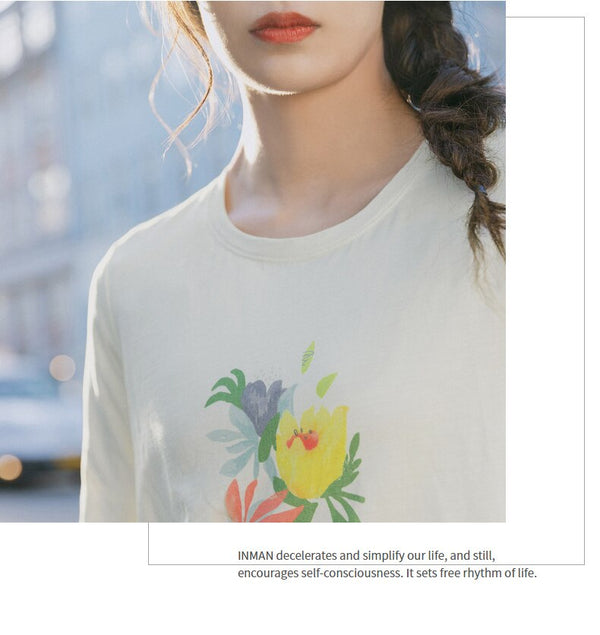 Spring New Arriavl Literary Flower Printed Loose All-match Base T-shirt | Vimost Shop.