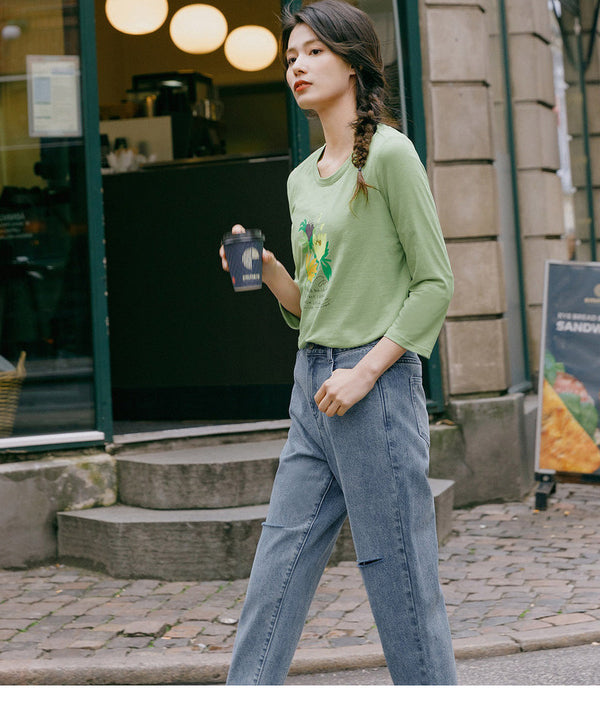 Spring New Arriavl Literary Flower Printed Loose All-match Base T-shirt | Vimost Shop.