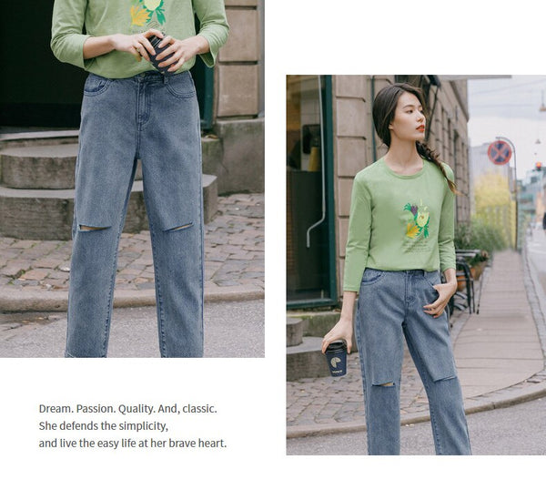 Spring New Arriavl Literary Flower Printed Loose All-match Base T-shirt | Vimost Shop.