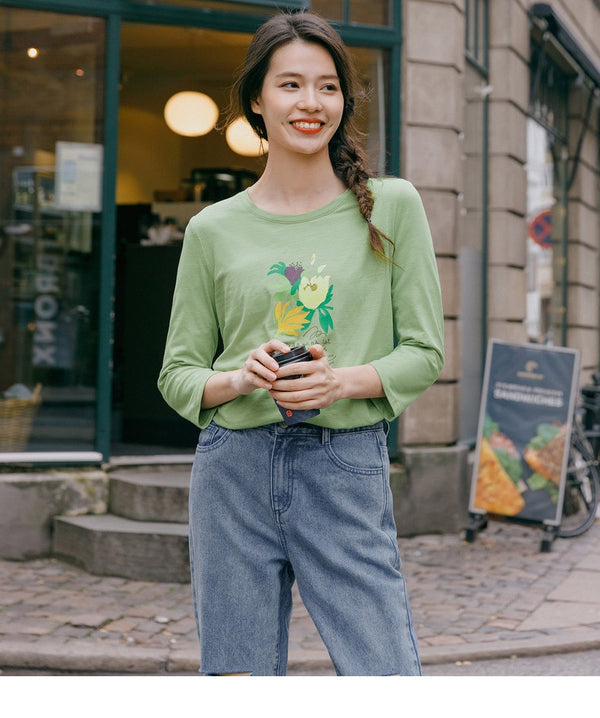 Spring New Arriavl Literary Flower Printed Loose All-match Base T-shirt | Vimost Shop.