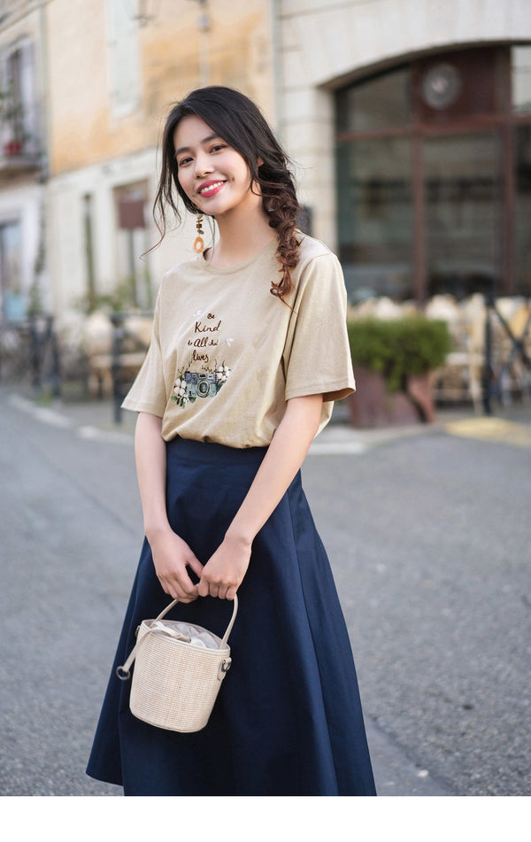 Summer Literary Embroidary Retro Casual All Matched Loose Women T-shirt | Vimost Shop.