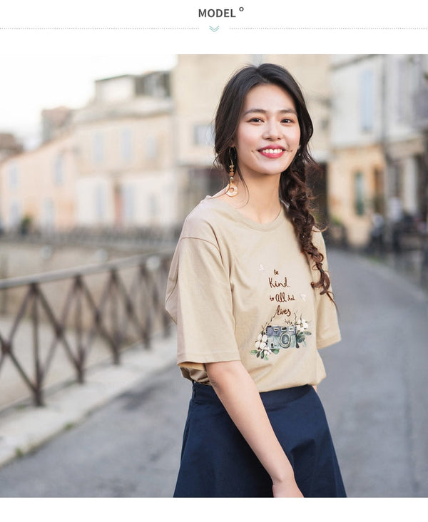 Summer Literary Embroidary Retro Casual All Matched Loose Women T-shirt | Vimost Shop.