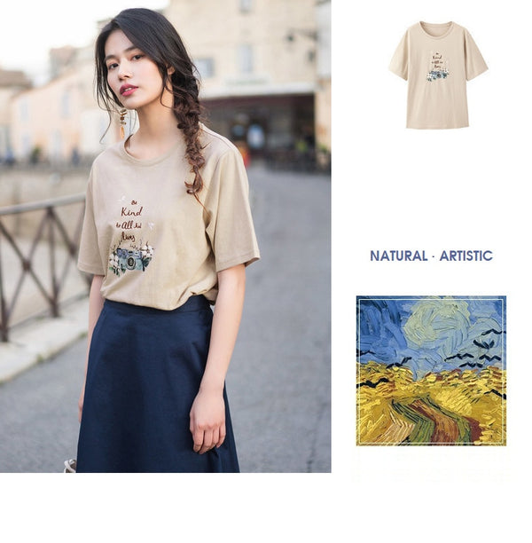Summer Literary Embroidary Retro Casual All Matched Loose Women T-shirt | Vimost Shop.