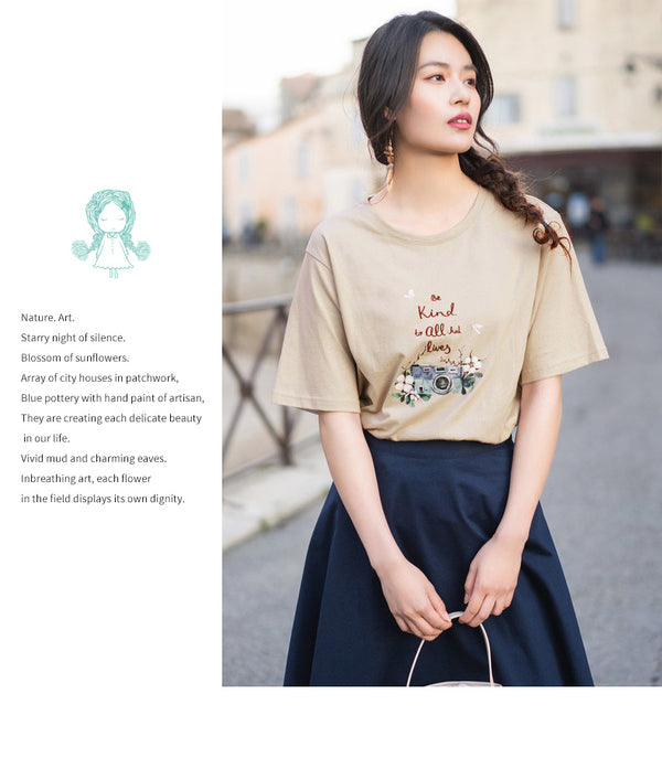 Summer Literary Embroidary Retro Casual All Matched Loose Women T-shirt | Vimost Shop.