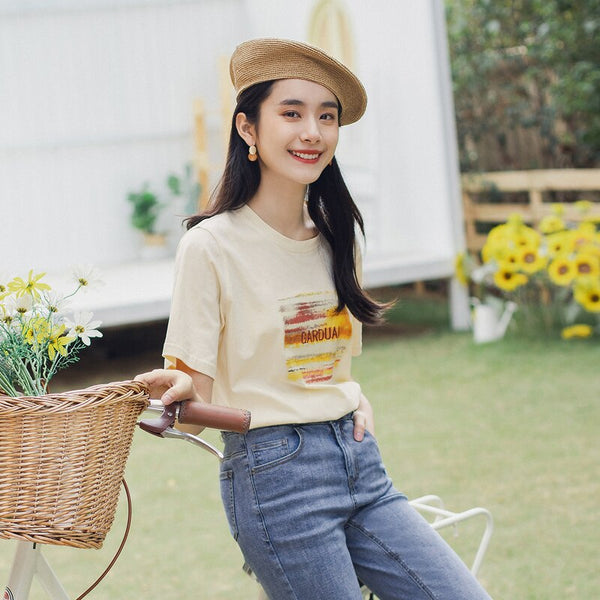 Retro Style Summer New Arrival Pure Cotton Letters Embroidered Leisure Short Sleeve T-shirt | Vimost Shop.