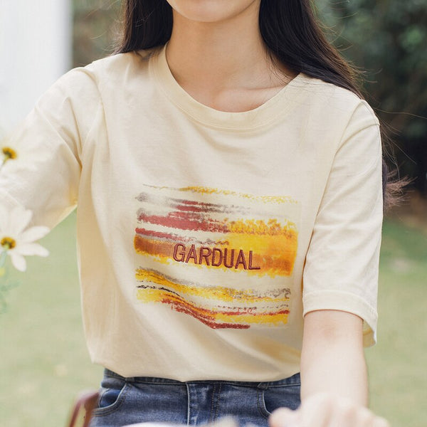 Retro Style Summer New Arrival Pure Cotton Letters Embroidered Leisure Short Sleeve T-shirt | Vimost Shop.