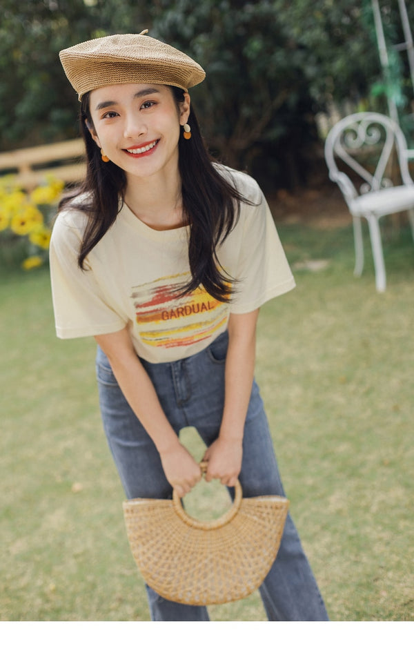 Retro Style Summer New Arrival Pure Cotton Letters Embroidered Leisure Short Sleeve T-shirt | Vimost Shop.