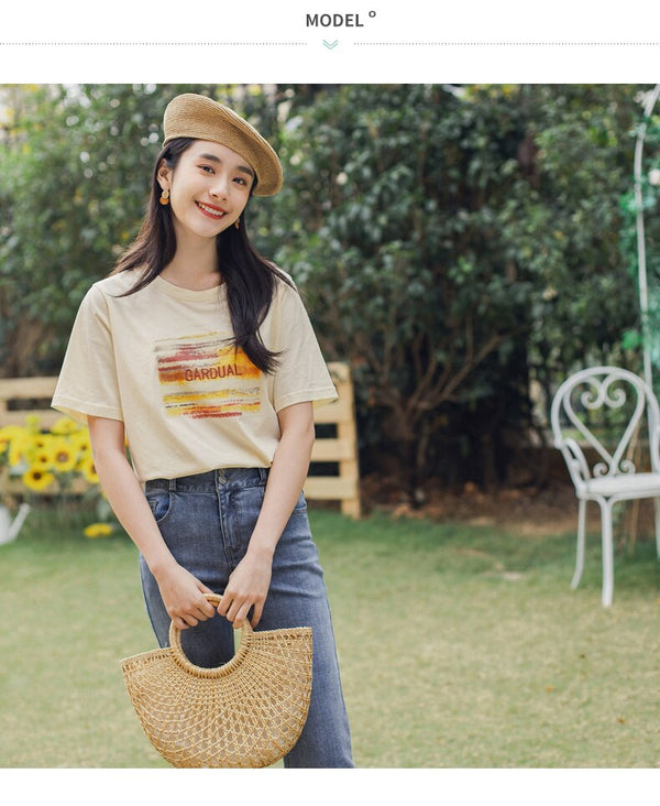Retro Style Summer New Arrival Pure Cotton Letters Embroidered Leisure Short Sleeve T-shirt | Vimost Shop.
